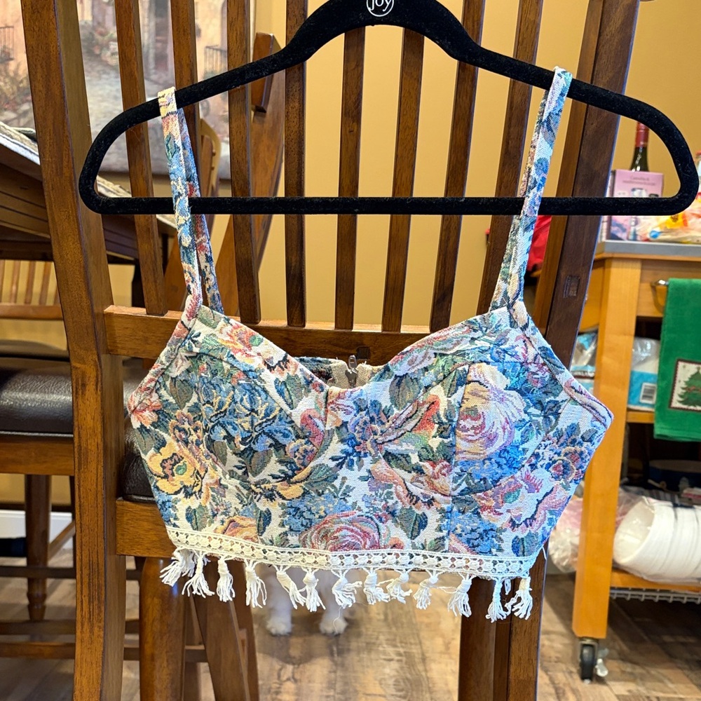 Floral Cropped Carpet Bag Top with Tassels